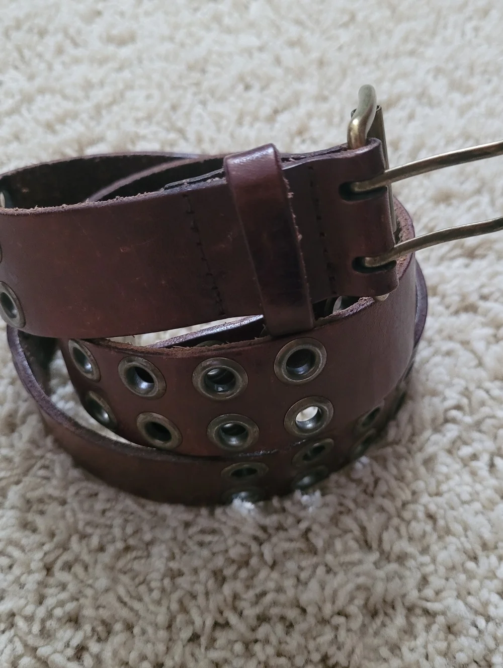 Girls XL Brown Leather Double Grommet Belt Y2K 90s